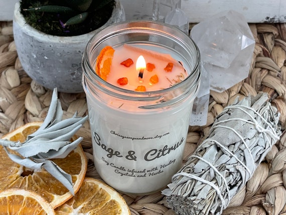 Sage and Citrus Crystal Candle - Handmade Soy Candle - Manifestation Candle - Non Toxic Candles