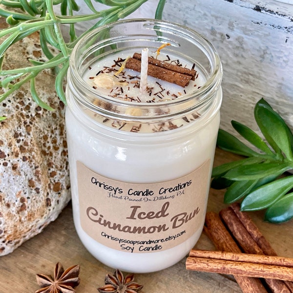 Iced Cinnamon Bun Soy Candles handmade - Fall Candle - Vegan Candle - Bakery Candle - Winter Candle - Farmhouse decor