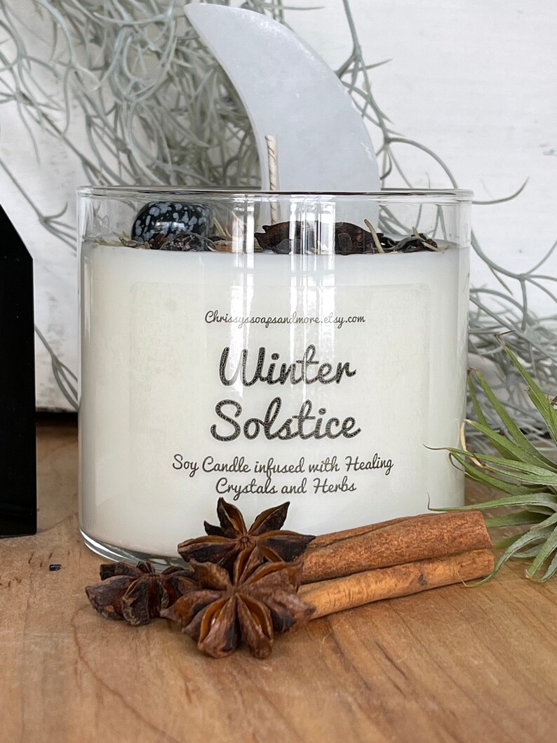 Mindfulness Gift Yule Candle Selenite Crescent Moon 16oz Soy Candle Intention Candle Winter Solstice Crystal Candle