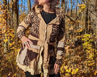 Short Pixie Leopard and Tan 100 % Upcycled Merino Sweater, Upcycled Sweater Coat, Katwise inspired sweater
