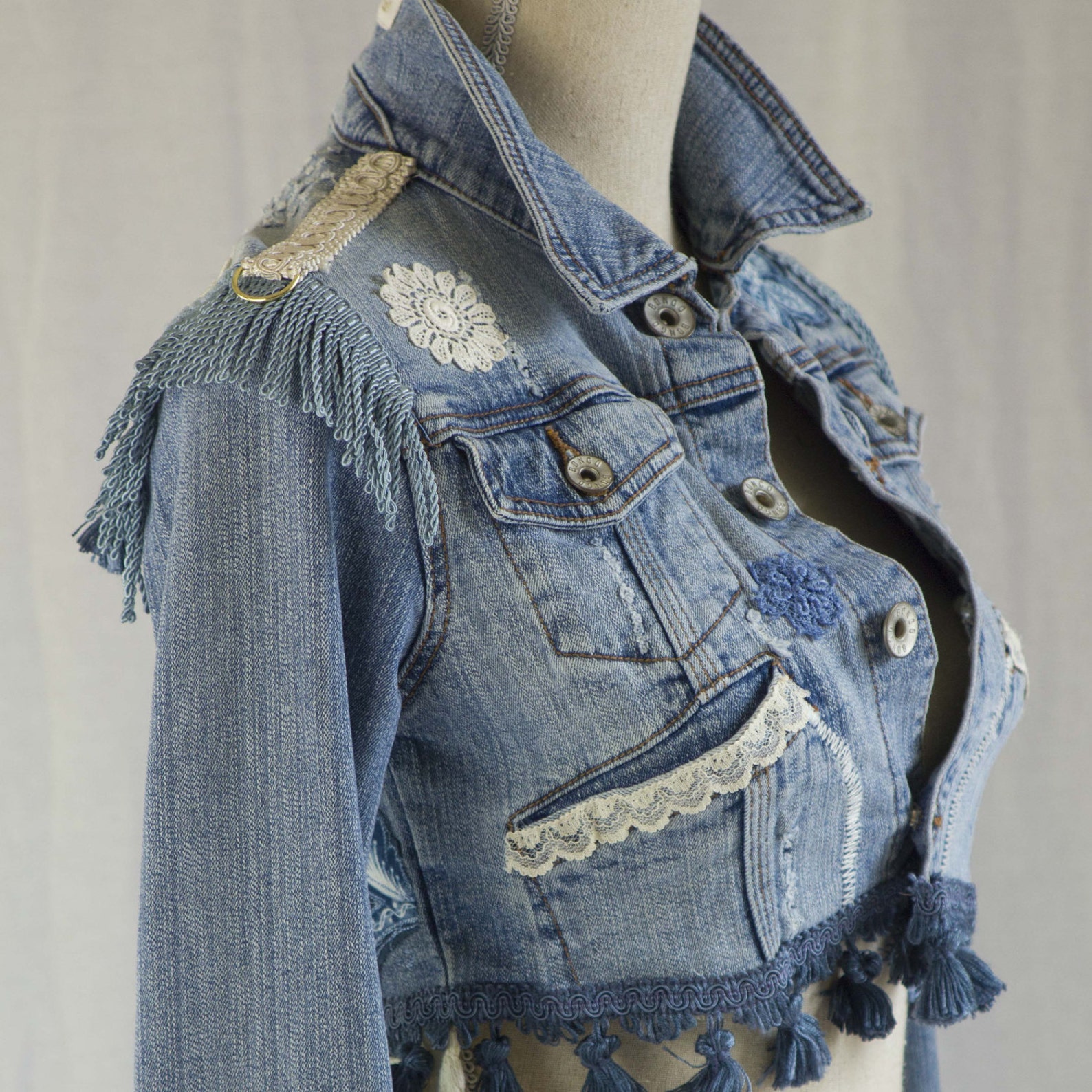 Upcycled Jean Jacket Denim and Lace Jean Jacket Embellished Etsy