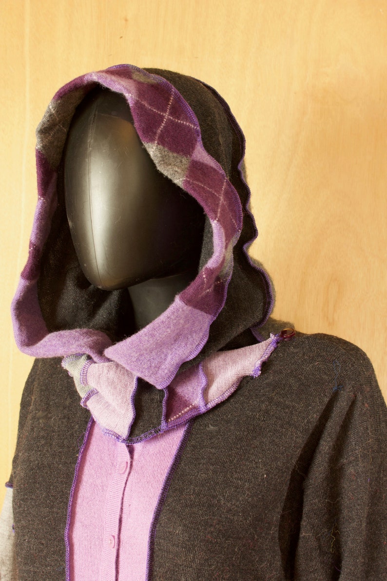 Patchwork Sustainable Fashion Upcycled Sweater Coat Size Large Purple Sweater Merino and Lambswool Sweater Katwise Inspired