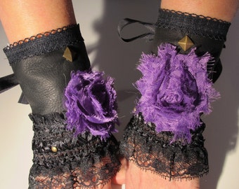 Goth Lolita Noir Leather Wrist Cuffs with Corset Lacing and Shabby Chic Flower