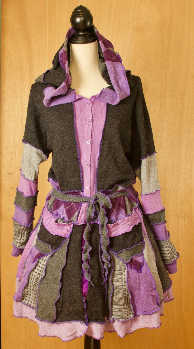 Patchwork Sustainable Fashion Upcycled Sweater Coat Size Large Purple Sweater Merino and Lambswool Sweater Katwise Inspired