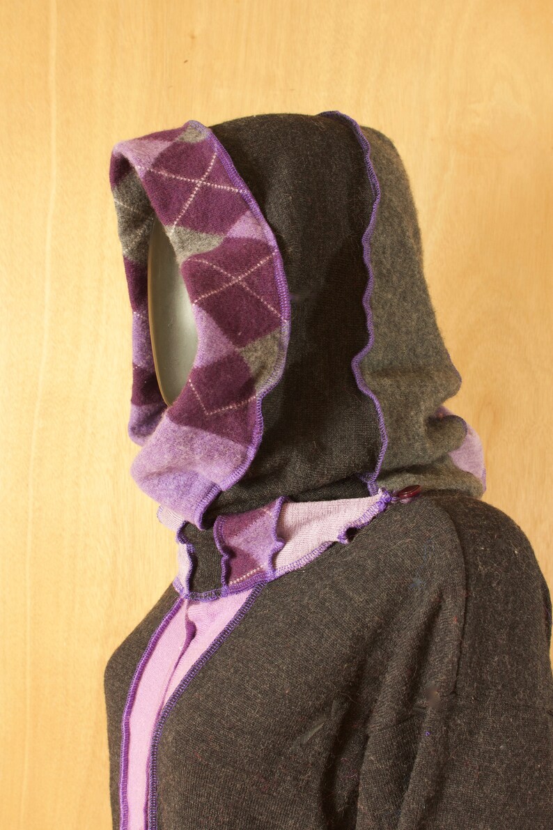 Patchwork Sustainable Fashion Upcycled Sweater Coat Size Large Purple Sweater Merino and Lambswool Sweater Katwise Inspired