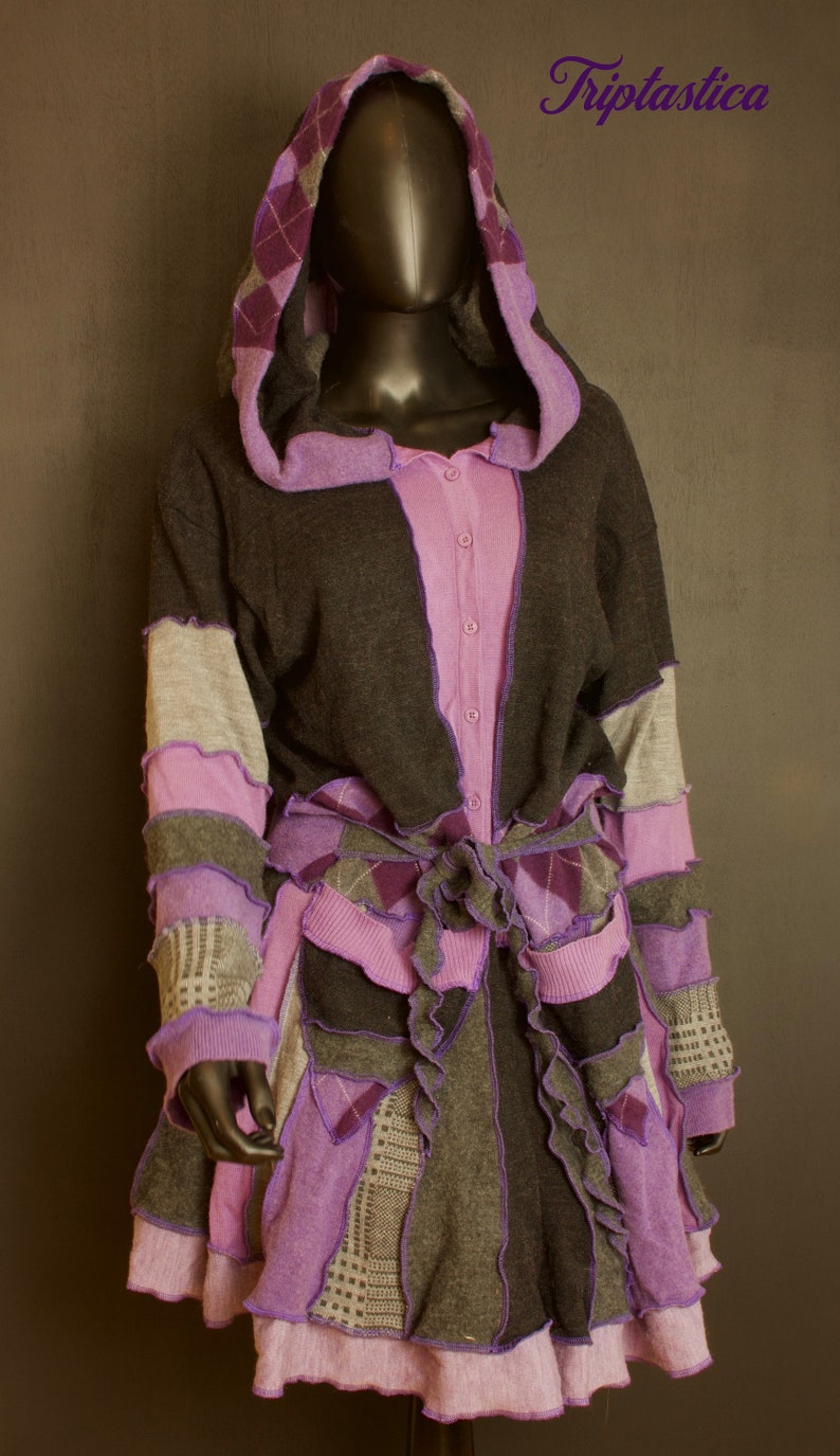 Patchwork Sustainable Fashion Upcycled Sweater Coat Size Large Purple Sweater Merino and Lambswool Sweater Katwise Inspired