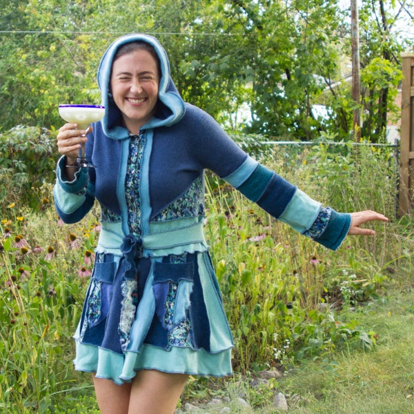 Upcycled Pixie Sweater Coat, Blue Cashmere Sweater Hoodie, Size Medium Cosy Festival Hoodie, Katwise Inspired, Eco Couture by Triptastica!