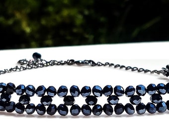 Dark Blue Crystal Choker Necklace, Unique Beaded Crystal Necklace, Elegant Navy Blue Choker, Woven Sapphire Sparkling Statement Necklace