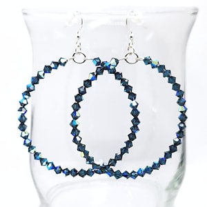Navy Blue Crystal Hoop Earrings – Colorful Iridescent Crystal Hoops, Sparkly September Birthstone Hoop Earring, Beaded Large Statement Hoops