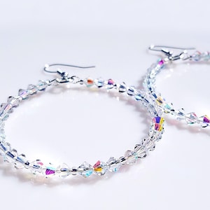 Crystal Hoop Earrings - Sparkly AB Dangle Hoops, Iridescent Beaded Hoops, Large Lightweight Statement Earrings, Cute Clear Crystal Earrings