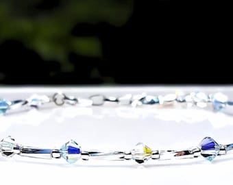 Aquamarine Crystal Anklet, Beaded Crystal Ankle Bracelet, Dainty Wedding Anklet for Women, Delicate Sparkly Turquoise and Silver Anklet Gift