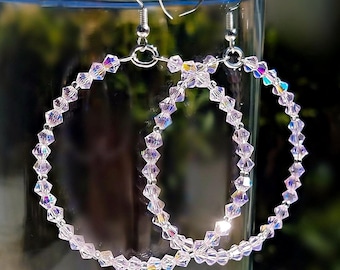 Pink Crystal Hoop Earrings – Lightweight Sparkly Beaded Hoops, Light Pink Crystal Hoops, Big Hoop Earrings, Cute Earrings for Women
