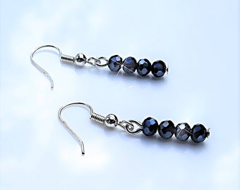 Dark Blue Crystal Earrings/ Navy Blue Straight Earrings/ Short Strand Blue Bar Earrings/ Deep Sapphire Blue Crystal Dangle Drop Bar Earrings