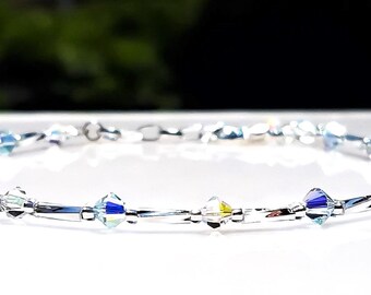 Beaded Crystal Anklet/ Premium Crystals/ Aquamarine Silver Bridal Ankle Bracelet/ Dainty Wedding Anklet/ Cute Turquoise Sparkle Anklet