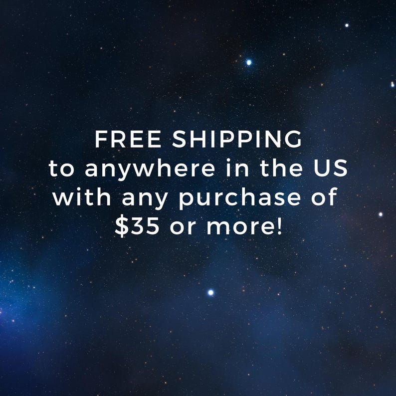 A dark blue background with white stars like outerspace with the words, "Free shipping to anywhere in the US with any purchase of $35 or more."