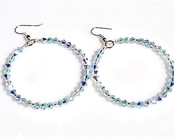 Crystal Hoop Earrings/ Highest Quality Light Azore AB Crystals/ Handmade Beaded Hoop Earrings/ Pretty Sparkling Statement Earrings for Woman