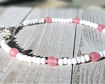 Seashell Charm Anklet with White Enamel and Frosted Pink Glass Beads - Boho Chic Ankle Bracelet - Cute and Sexy Summer Anklet for Women