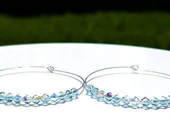Turquoise Crystal Hoop Earrings/ Highest Quality Crystals/ Light Azore AB Silver Hoops/ Cute Everyday Endless Hoops/ Elegant Hoop Earrings