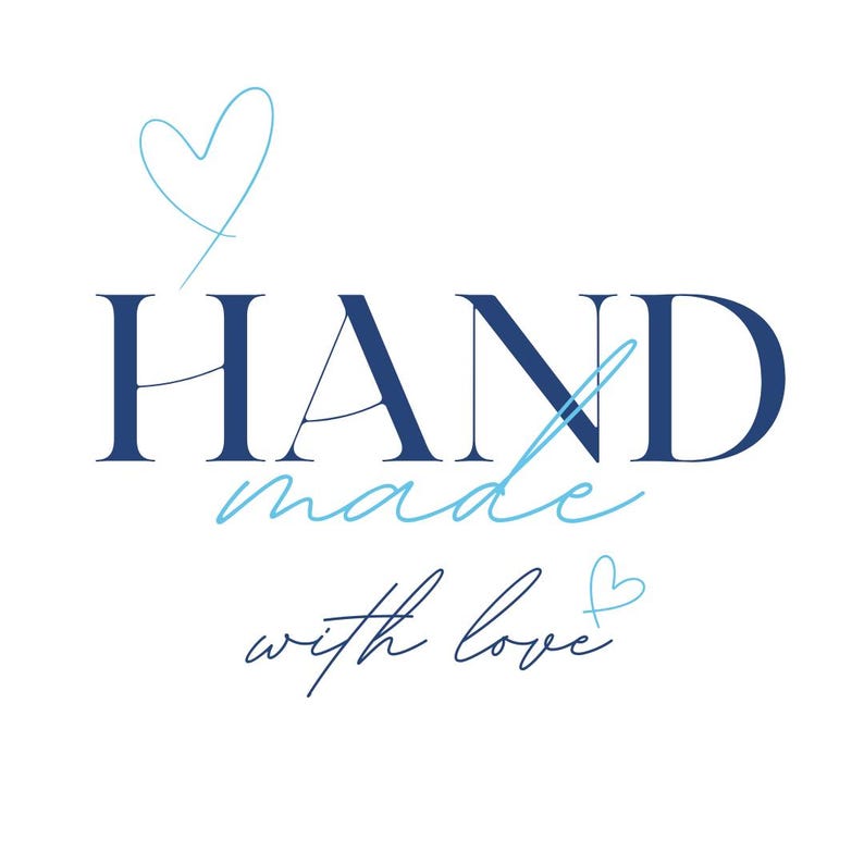 A cute designed picture that says, "Handmade with love" in the colors blue and turquoise on a white background.