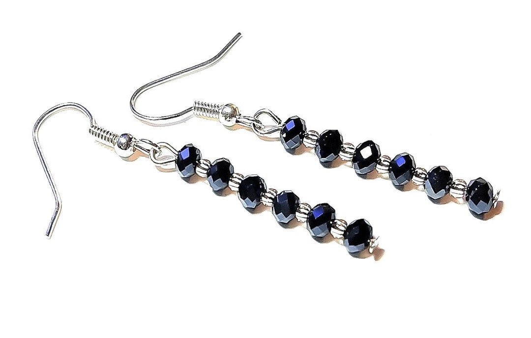 Dark Blue Crystal Bar Earrings Beaded Long Sapphire Blue Dangle