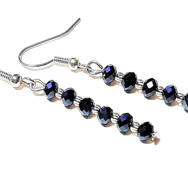 Dark Blue Crystal Bar Earrings Beaded Long Sapphire Blue Dangle Earrings Elegant Navy Blue and Silver Straight Strand Earrings for Women