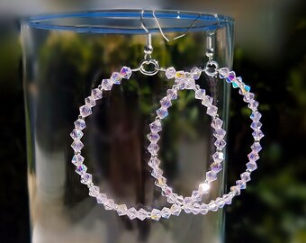 Pink Crystal Hoop Earrings/ Cute Beaded Hoop Earrings/ Pastel Pink Hoops/ Big Hoop Earrings/ Crystal Statement Earrings/ 40mm/ 50mm