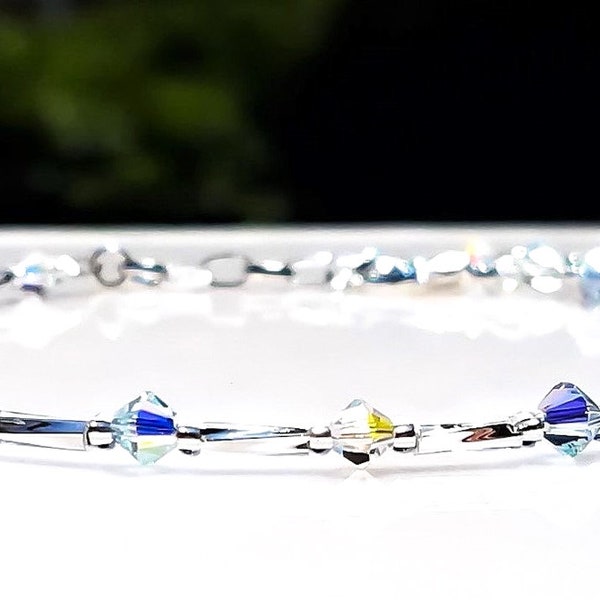 Beaded Crystal Bracelet/ Iridescent Sparkling Premium Crystals/ Aquamarine Minimalist Silver Bracelet/ Dainty Crystal Bridal Bracelet