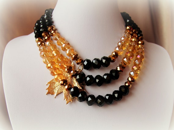 Items similar to Black beads necklace,Crystal necklace,Gold leaf ...