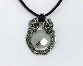 Wire Wrapped Rutilated Quartz in Sterling Silver Black Onyx Faceted Accent Wire Wrap