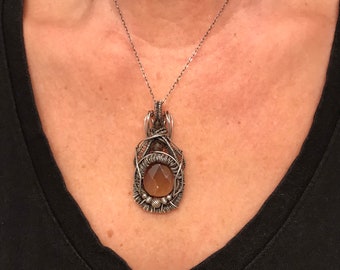 Wire Wrapped Rutilated Quartz in Sterling Silver Black Onyx Faceted Accent Wire Wrap