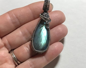 Blue/Green Full Flash Labradorite Wire Wrap Necklace Sterling Silver Wire Wrapped Labradorite Pendant