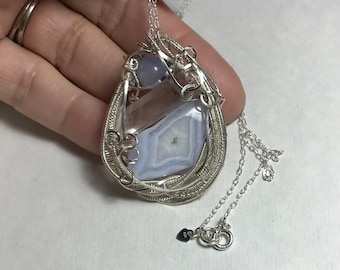 1 5/8 "L Blaue Spitze Achat Geode Scheibe Quarz Kristall & Blauer Chalcedon Sterling Silber Wire Wrap Halskette MultiStone Anhänger