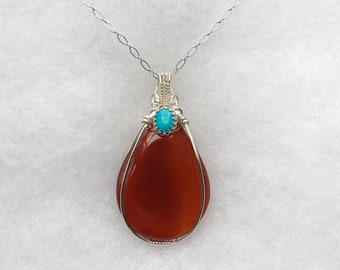 2.5” Carnelian Gemstone W/Turquoise Magnesite Accent Wire Wrap Teardrop on Heavy Sterling Silver Chain Natural Richly Colored Carnelian