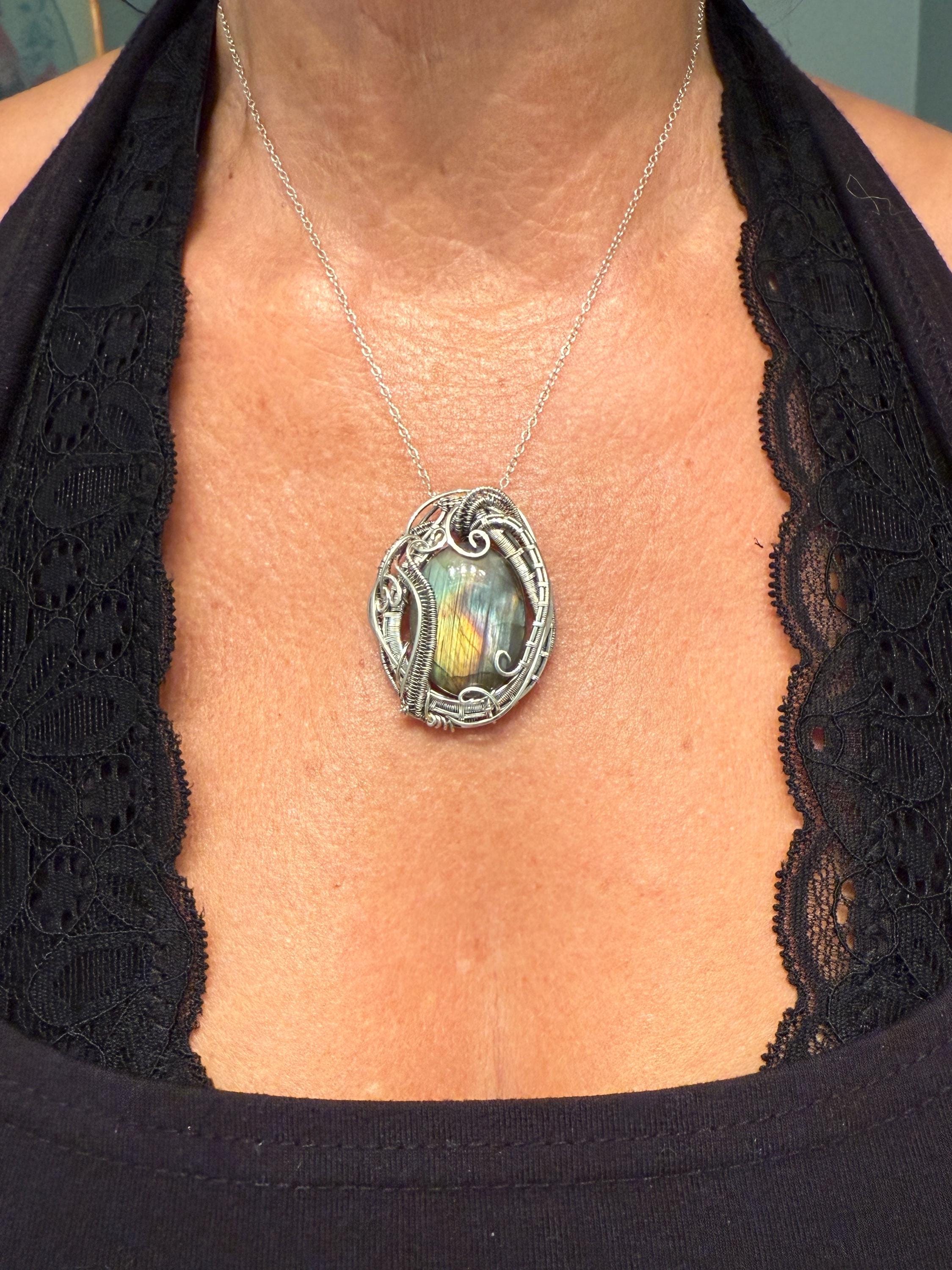 Labradorite Wire Wrap Necklace Pendant Antiqued Sterling Silver Wire Wrapped Multicolored Labradorite