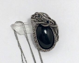 Black Onyx 1 3/8” x 1” Wire Wrap Pendant w/Black Faceted Spinel Gemstones In Sterling Silver Settings Wire Wrap Necklace