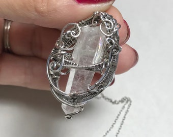 Rainbow in Old Soul Crystal Wire Wrap Necklace Quartz Crystal Point Unique Clear Crystal Antiqued Sterling Silver Wire Wrapped Pendant