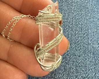 Crystal Wire Wrap Necklace On Sterling Silver Chain Wire Wrapped Clear Quartz Crystal in Bright Sterling Silver