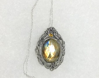 Labradorite Wire Wrap Necklace Pendant W/Faceted 4mm Topaz Accent Antiqued Sterling Silver Wire Wrapped Multicolored Labradorite