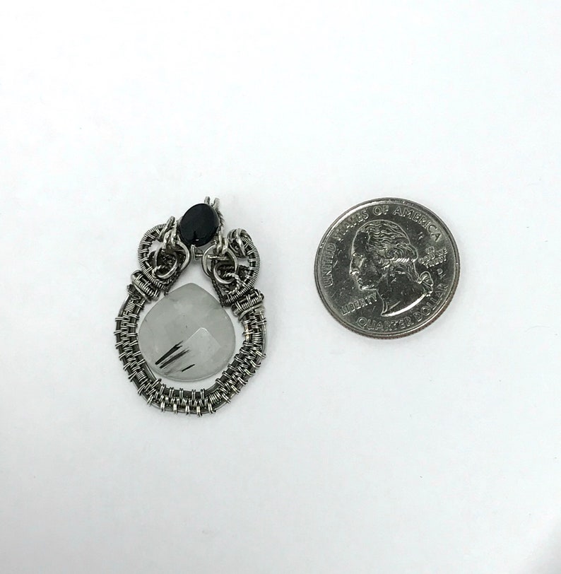 Wire Wrapped Rutilated Quartz in Sterling Silver Black Onyx Faceted Accent Wire Wrap