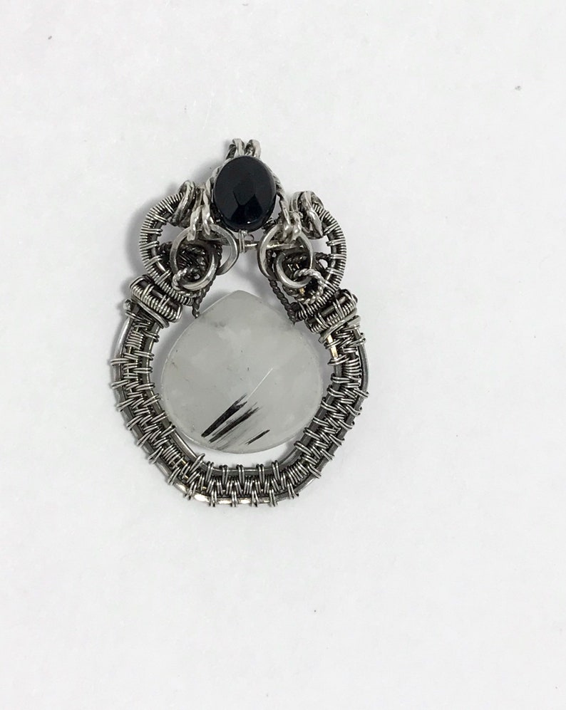 Wire Wrapped Rutilated Quartz in Sterling Silver Black Onyx Faceted Accent Wire Wrap