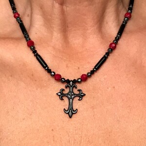 Necklace wGothic Black Cross on Black Onyx and Crystal Necklace Genuine Swarovski Jet Crystals Hematite Accents