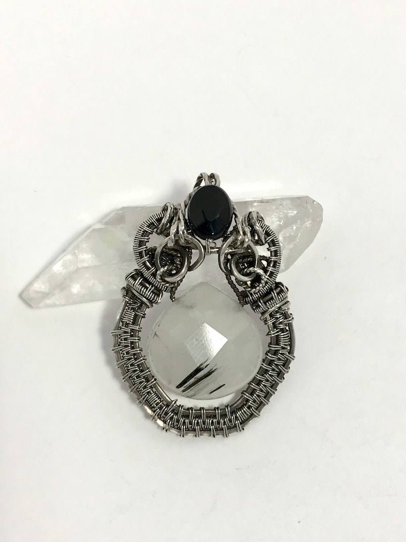 Wire Wrapped Rutilated Quartz in Sterling Silver Black Onyx Faceted Accent Wire Wrap