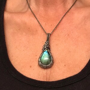 Full Flash Labradorite Sterling Silver 2 1/4” x1” Wire Wrap On Sterling Silver Chain Stunning Blue Flash Labradorite Necklace