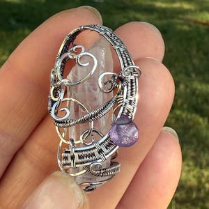 Crystal Wire Wrap w/Amethyst Teardrop Accent Sterling Silver Wire Wrapped Quartz Crystal Point Necklace February Birthstone
