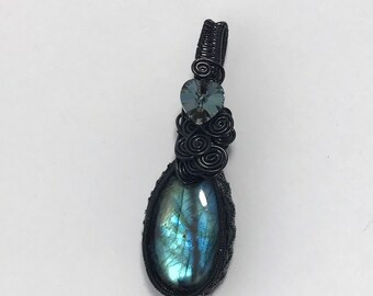 Labradorite Wire Wrap with Genuine Swarovski Crystal Heart Accent Wire Wrapped Focal Labradorite Necklace