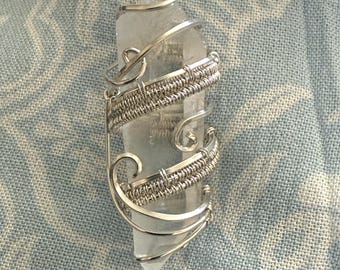Quartz Crystal Wire Wrap Necklace On Sterling Silver Chain Wire Wrapped Clear Crystal in Bright Sterling Silver
