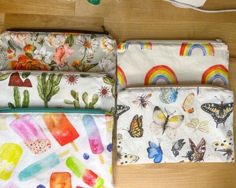 Summer Zipper Pouch, Zipper Pouch, Rainbow Bag, Cosmetic Bag, Make up Bag, Cactus Bag, Floral Bag, Popsicle Bag