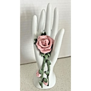 Vintage Artmark 90&#39;s Porcelain Jewelry Ring Holder Hand with Roses New in Box Handcrafted
