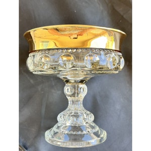 Vintage Indiana Glass Kings Crown Gold Rim Thumbprint Compote Serveware Dish