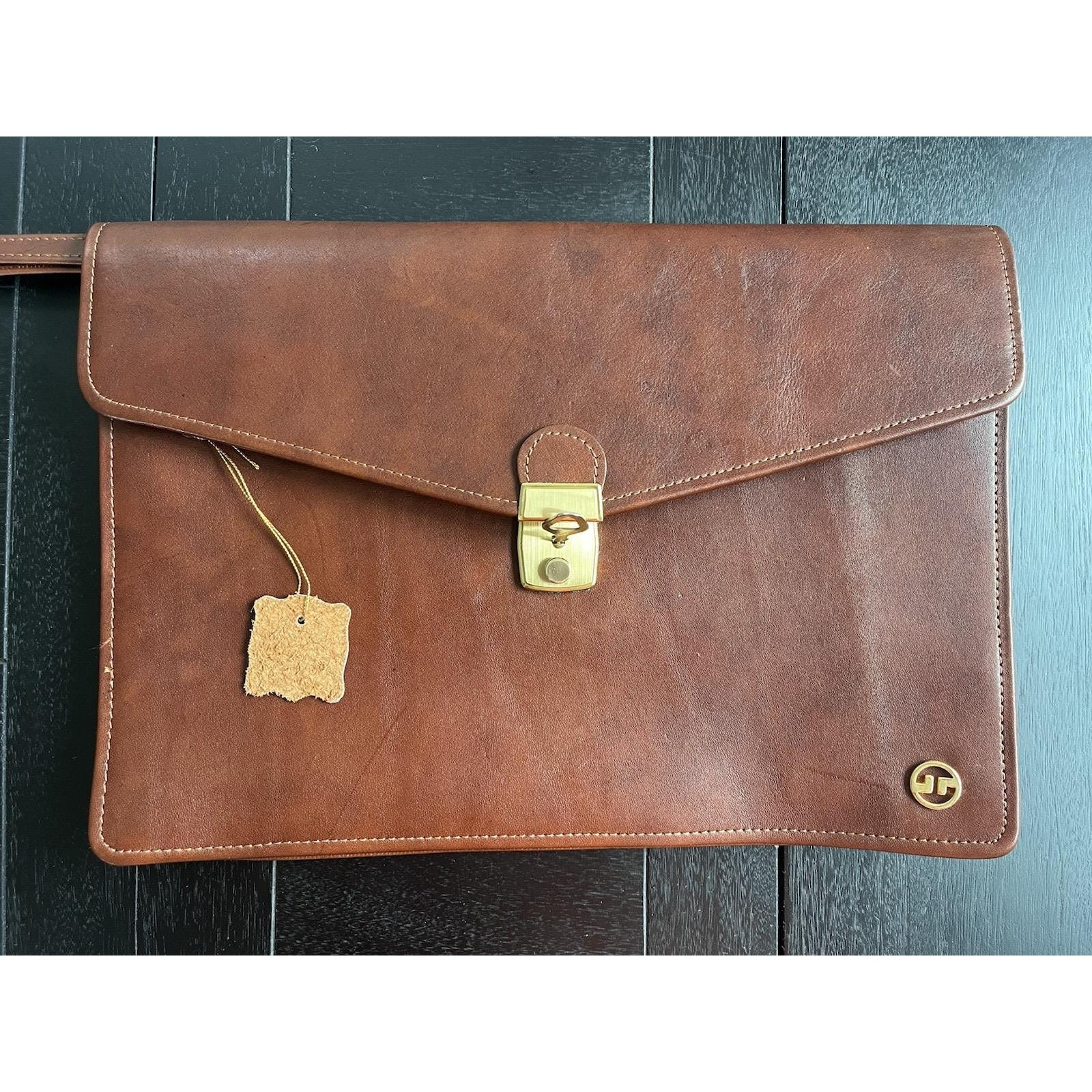 Fanon slim underarm briefcase document holder leather brass hardware vintage